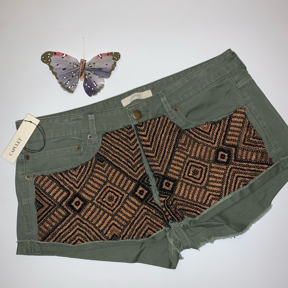 Capulet Green Beaded Distressed Denim Shorts - Picture 3 of 8